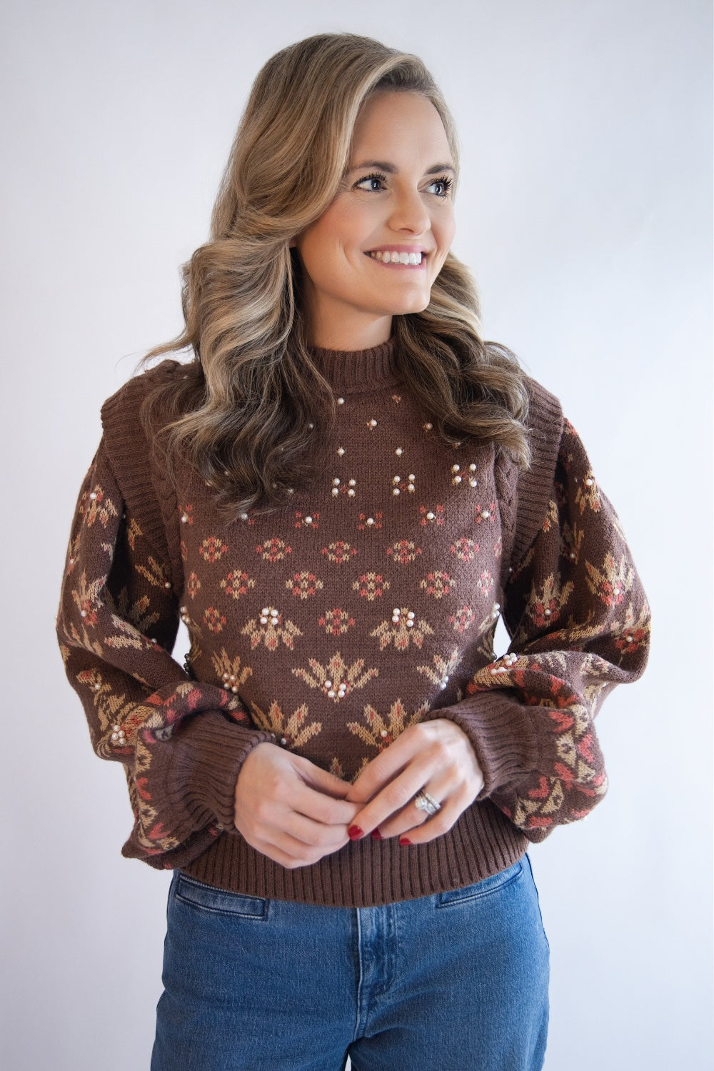 Pearl Embellished Puff Sleeve Sweater