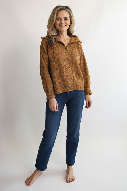 Mocha Cable Knit Half Zip Sweater