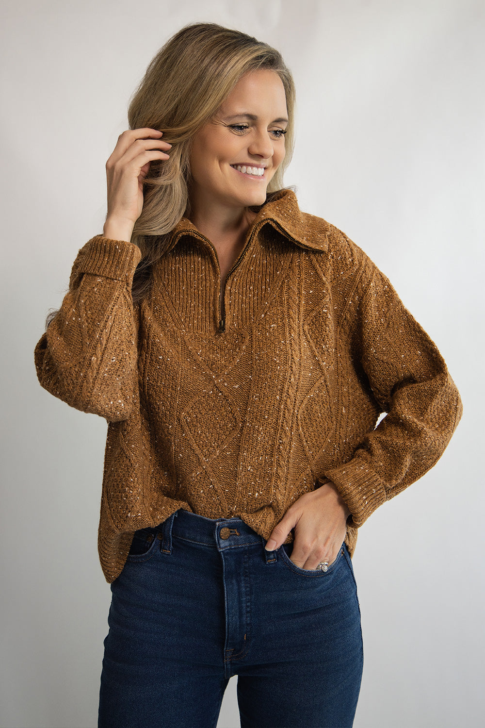 Mocha Cable Knit Half Zip Sweater