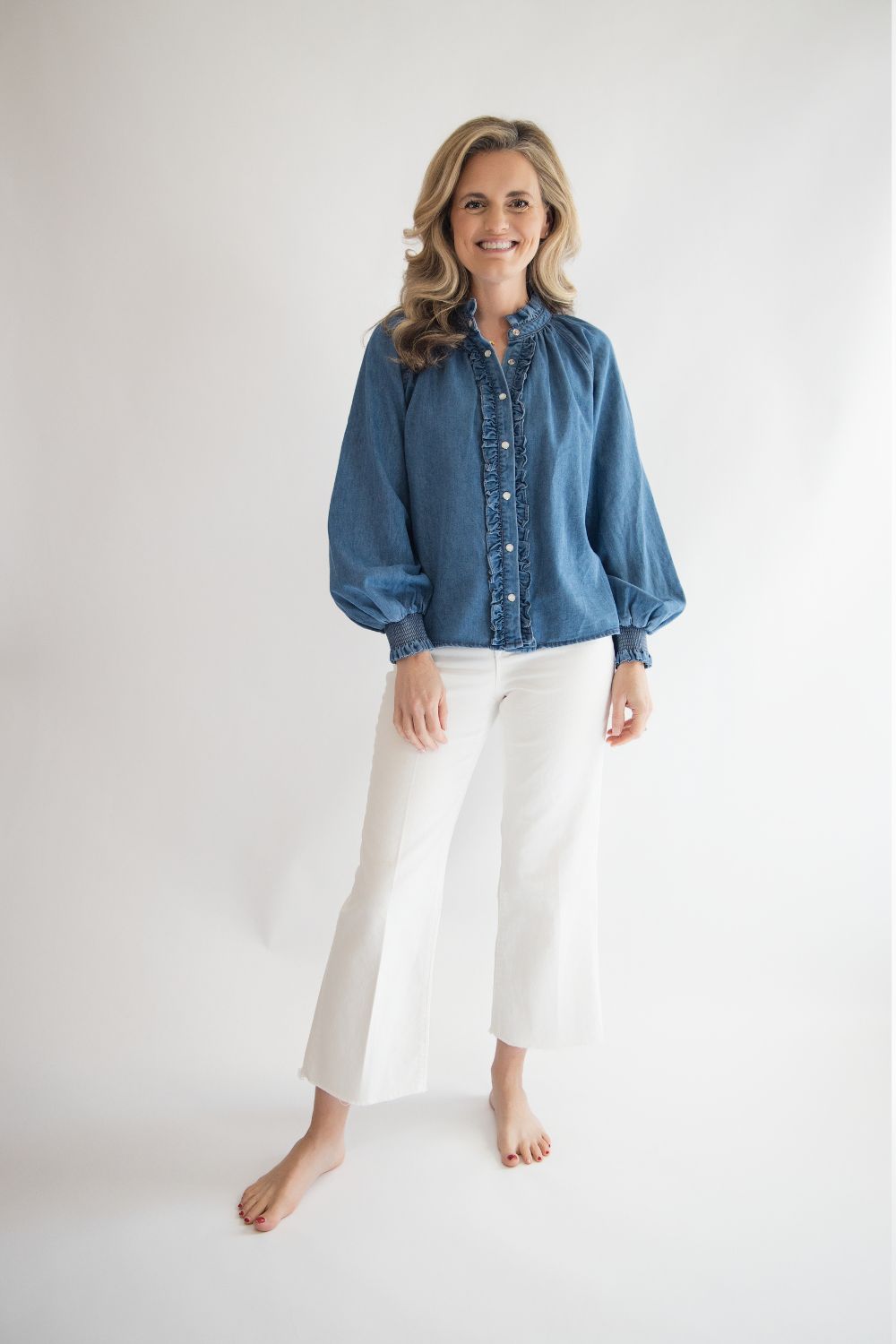 Denim Ruffle Button Down Top