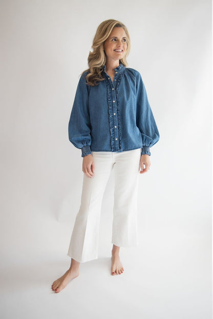 Denim Ruffle Button Down Top