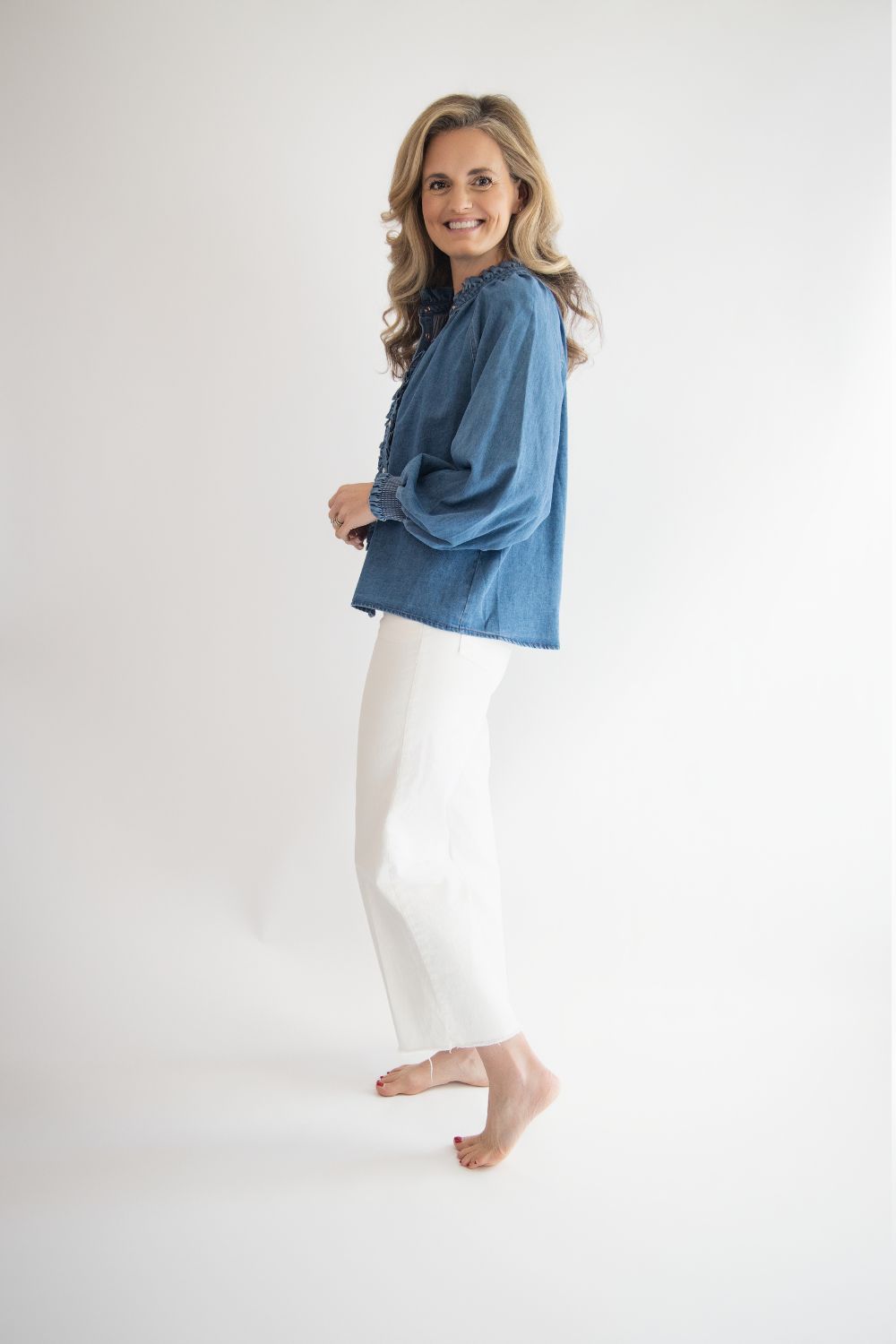 Denim Ruffle Button Down Top