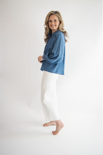 Denim Ruffle Button Down Top