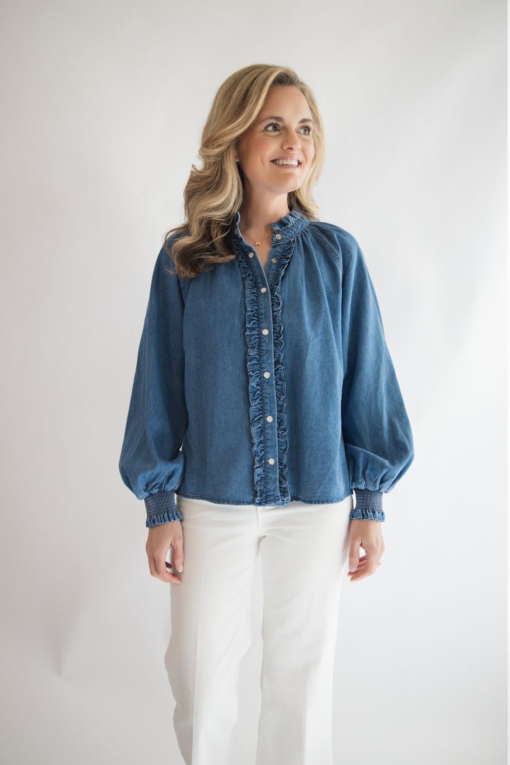 Denim Ruffle Button Down Top