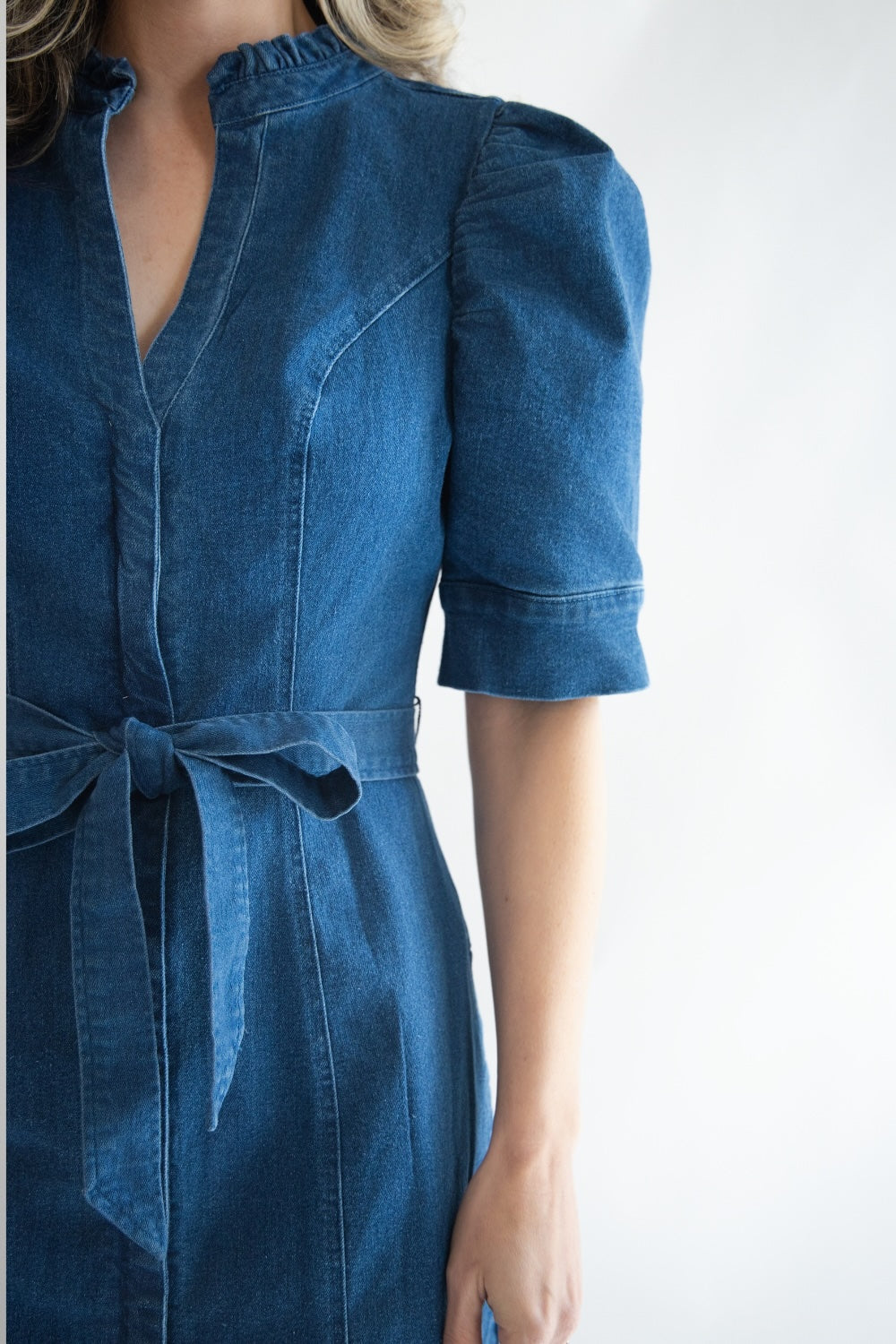 Denim Puff Sleeve Belted Mini Dress