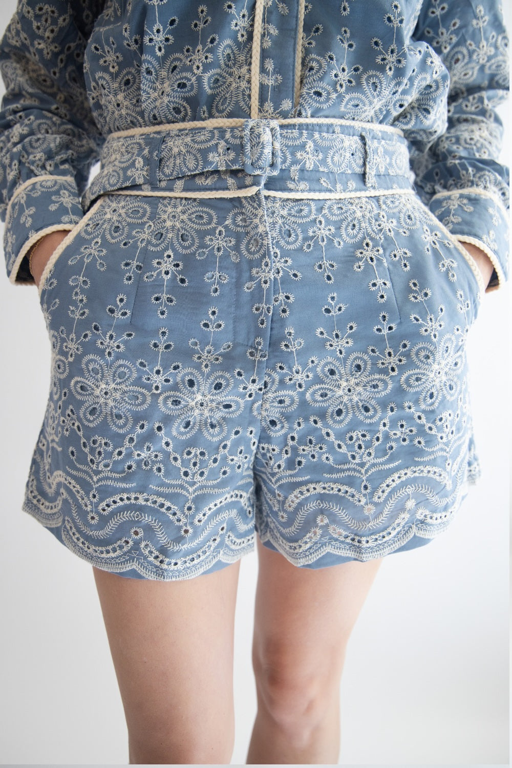 Embroidered Eyelet Belted Shorts